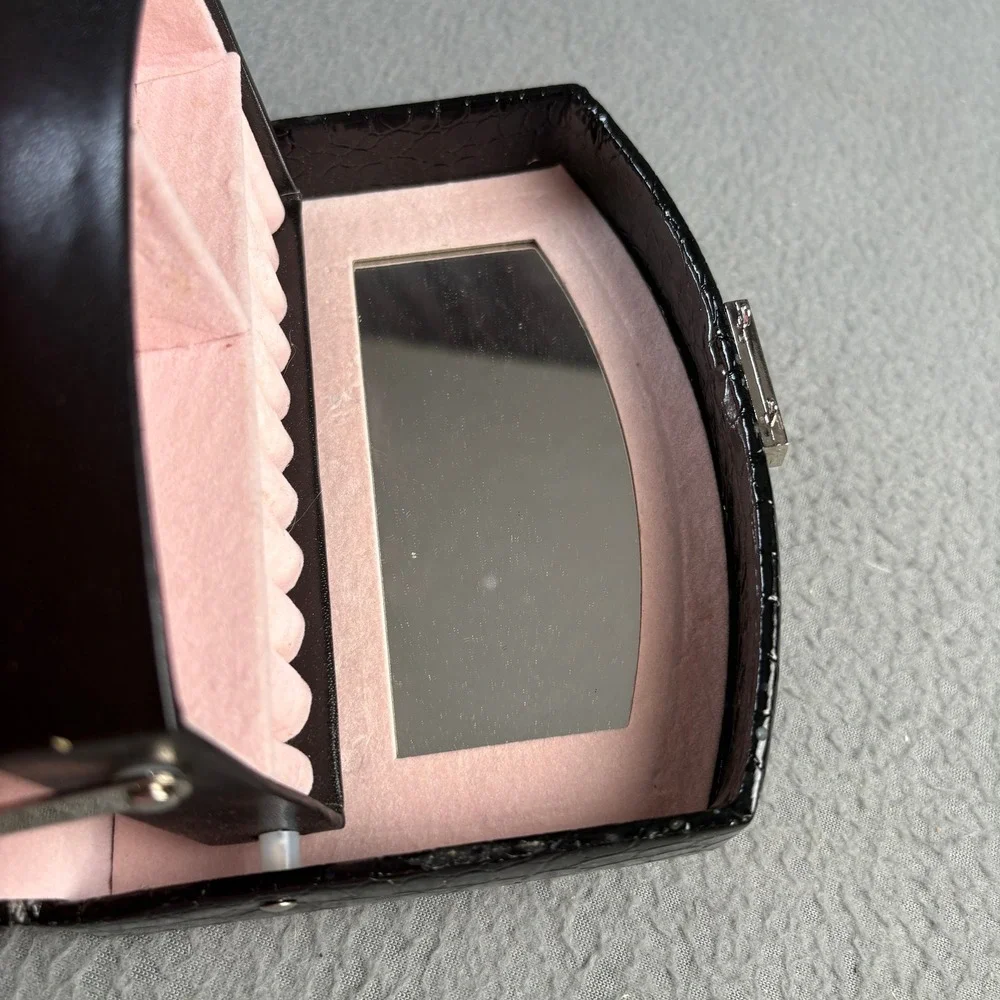 Black Croc Embossed Jewelry Box Organizer Pink Velvet Lining Mirror Mini Trunk